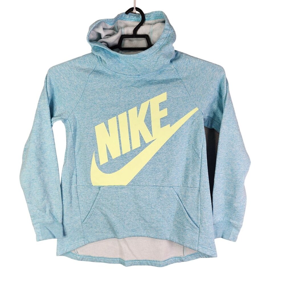 Girls Nike Blue Pullover Fleece Hoodie Sweatshirt Front Logo Long Sleeve Size XL